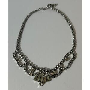 Vintage Rhinestone Bib Necklace Silver Tone 15" Bridal/Evening Jewelry
